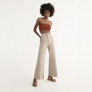 Zara High-Rise The Marine Straight Wide Leg Raw Hem Tan/Cream 6